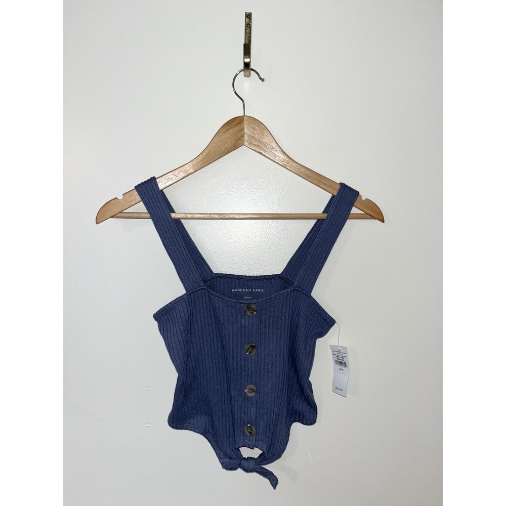 American Eagle NWT $22.95 Blue Ribbed Button Front Tie Hem Crop Tank Top | Small